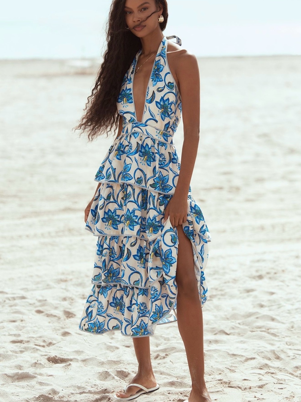 HUNTER BELL The Berkley  Halter Tiered Floral Midi Dress with Blue Print